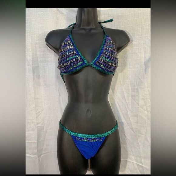 Veve Handmade Custom Blue/Green Beaded Mermaid Bikini Set Custom Mermaid Bikini - Picture 1 of 13